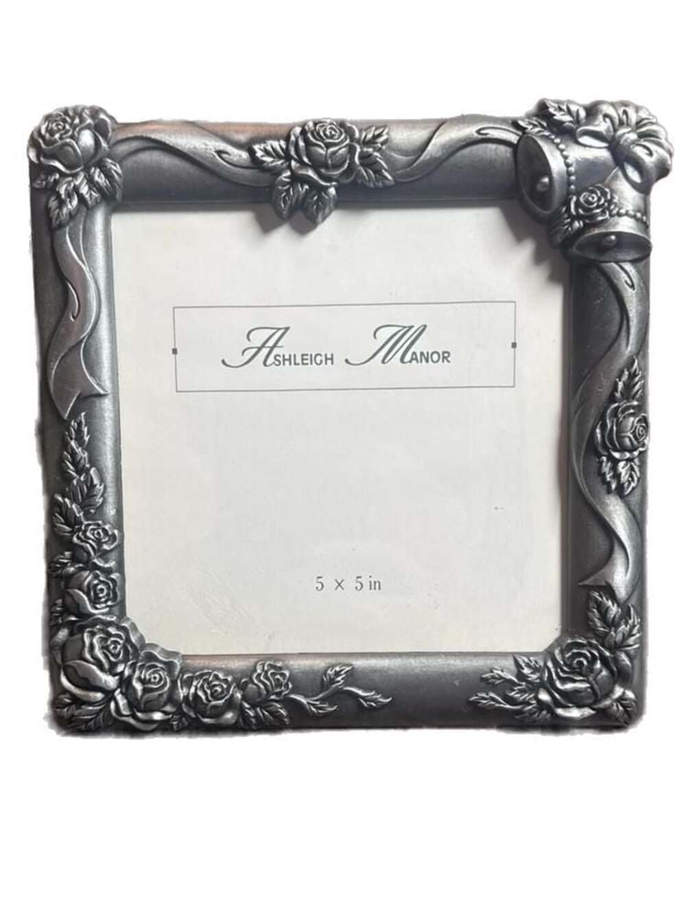 Vintage Ashleigh Manor 5x5 Square Silver Pewter Rose and Bells Picture Frame